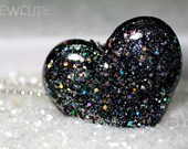 Black Noir Resin Glitter Heart with Silvery Sparkles Pendant Necklace Cute New Year's Jewelry  by isewcute
