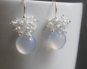 Snowflakes - Blue Chalcedony, Freshwater Pearl and White Topaz Gemstone Cluster Earrings Sterling Silver Winter Wedding