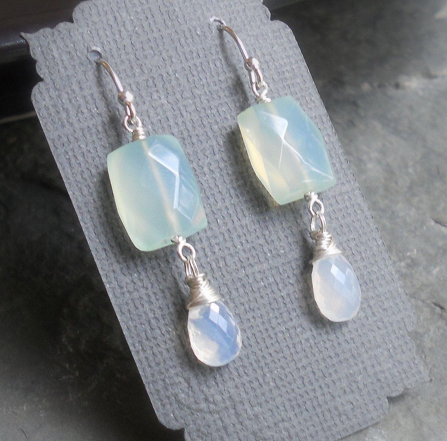 Glacier - Aqua Chalcedony and Opal Earrings Sterling Silver Wire Wrapped October Birthstone