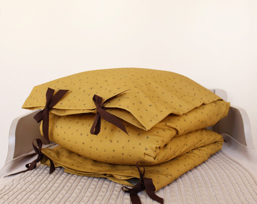 Toddler Bedding set - mustard yellow, brown little snowflakes print, brown ribbon