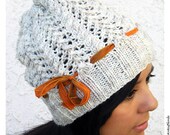 Slouch Hat, Hand Knit Cables & Lace, Wool Acrylic Blend Yarn, Winter Wheat, Off White Cream, Pumpkin Spice Silk Ribbon
