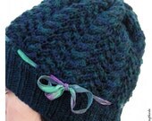Slouch Hat, Hand Knit Cables & Lace, Wool Acrylic Blend Yarn, Midnight Team, Dark Blue Green, Teal Purple Silk Ribbon