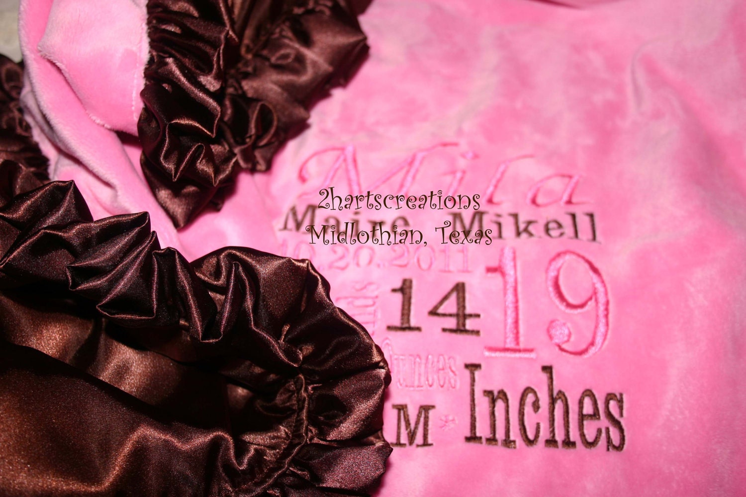 Unique Embroidered Birth Announcement Pink/Brown and Green/Brown Personalized Minky Baby Blanket with ruffles