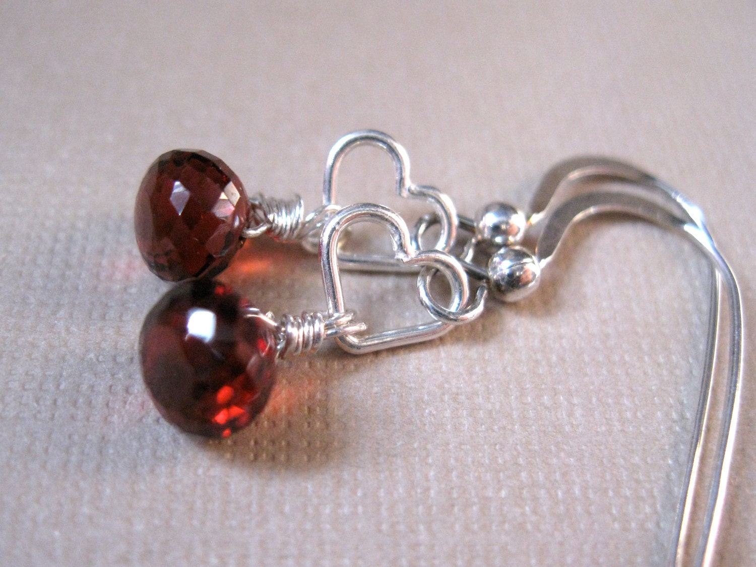 Garnet Silver Heart Earrings