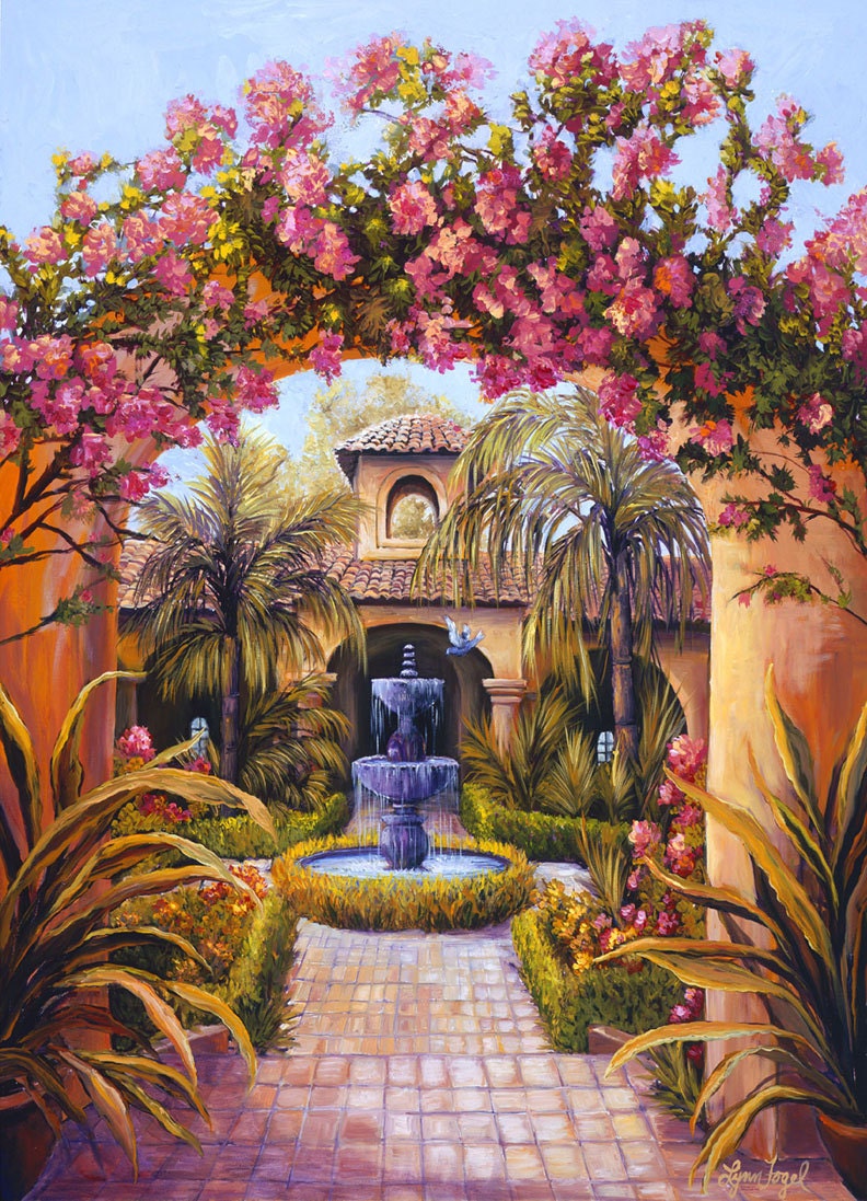 Hacienda, Fountain, flower, pink,  Print, 11x14 inch with double mat, fountain, bougainvillea, Spanish Hacienda in paradise