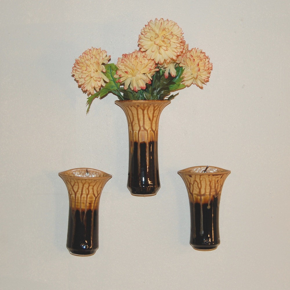 Wall Flower Pocket  Small Handmade Pottery Porcelain Ebony Brown and Golden Brown by Mark Hudak