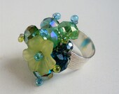 Big Beaded Bauble Turquoise Blue and green Crystal Ring with Pretty Green Flower
