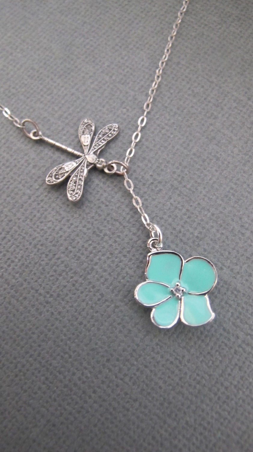 Dragonfly and Aqua Orchid Flower with CZ sterling silver lariat necklace.