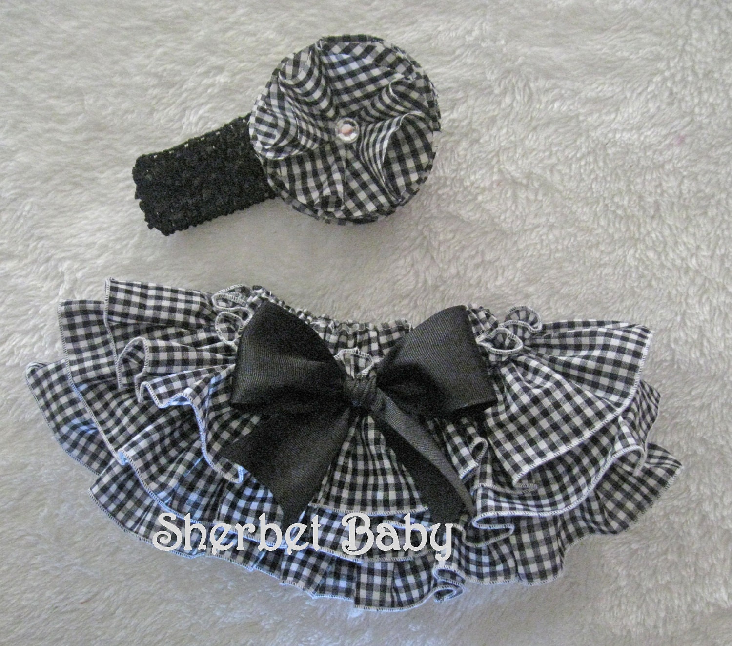 Black Gingham Ruffle Diaper Cover Sassy Pants Headband Fluffy Fabric Flower Hairclip Crystal Center