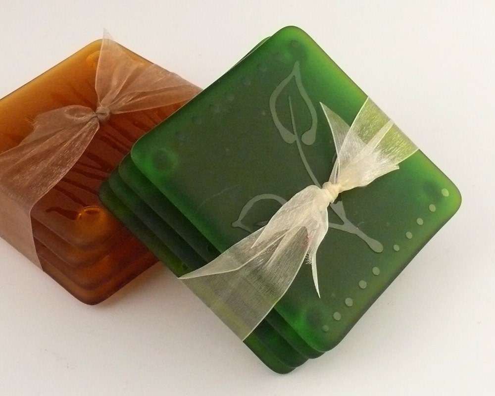 Moss Green Etched Glass Coaster Set, Leaf Design - ToltRiverStudios