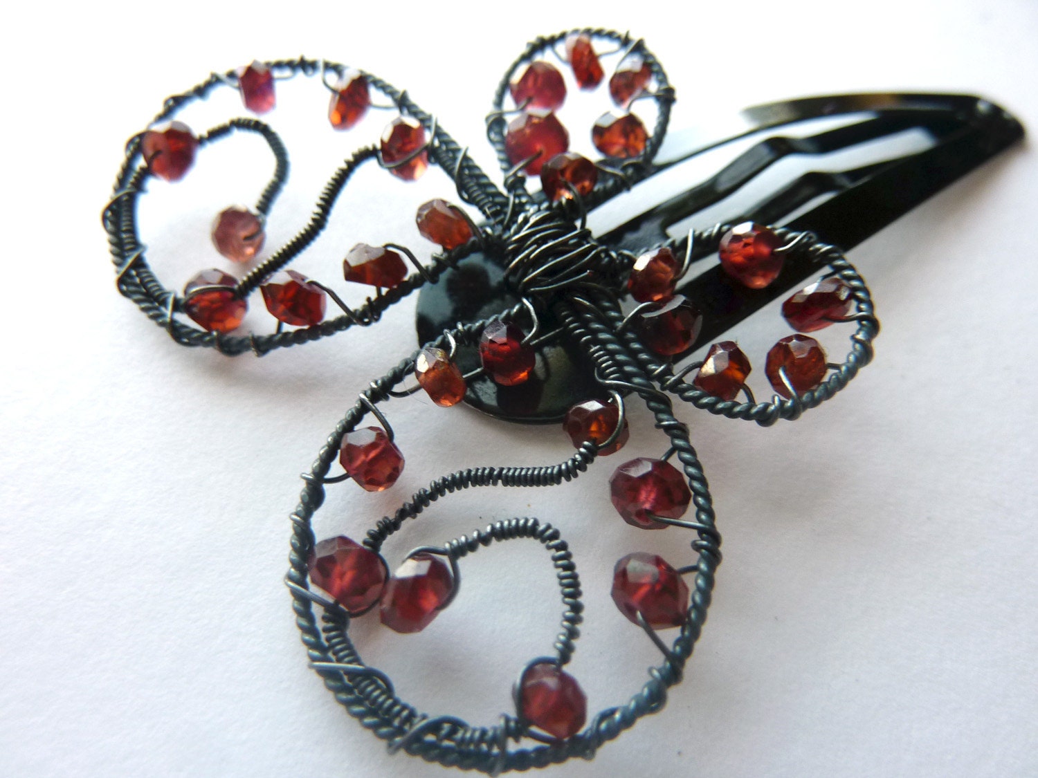 123 SALE - Garnet Oxidized Sterling Butterfly Hair clip, Brooch or Bouquet Decoration