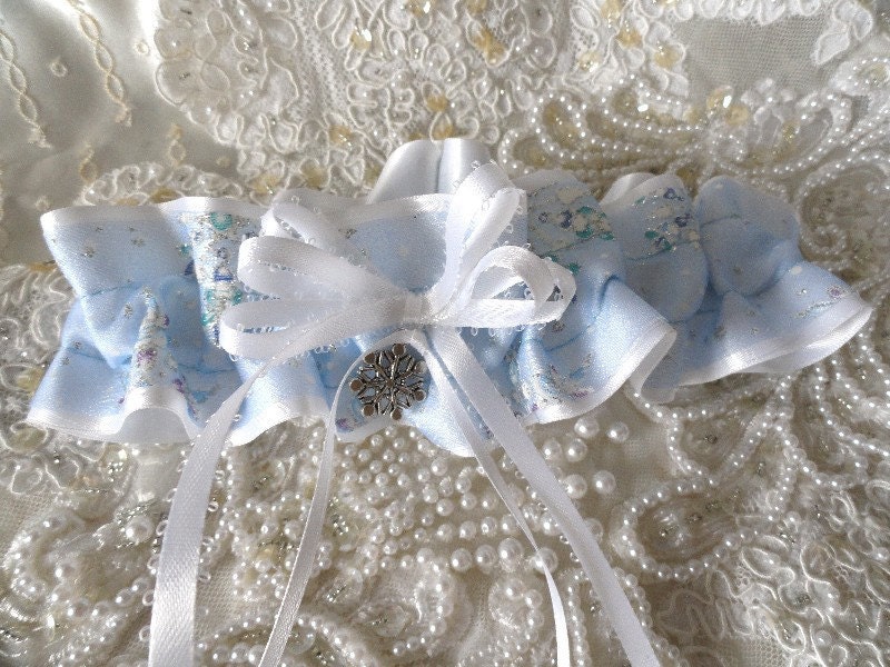 Silvery Snowflakes on White Satin Garter