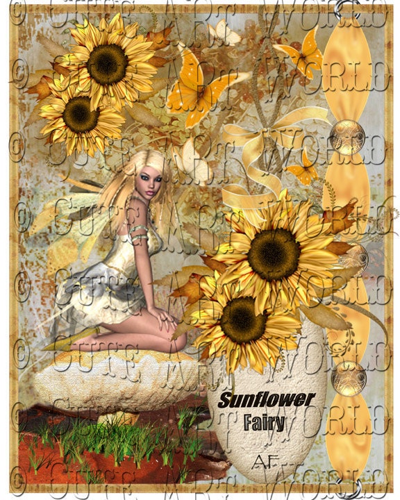 5x7 image mixed media art "Digital Art Collage" Download Golden Sunflower Fairy