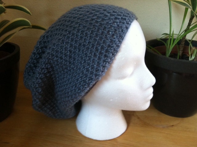Blue Grey Slouch hat beanie beret - handmade crochet