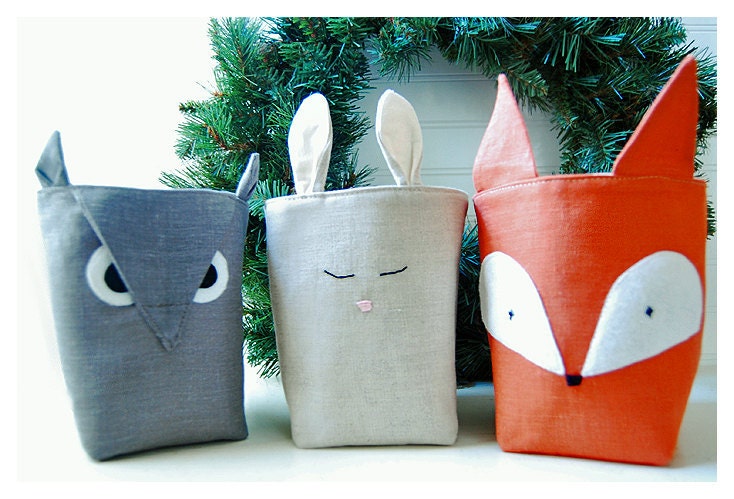 Forest Friends Box Fox Owl Bunny Rabbit SET 3 Linen Organizer Weddings decor  Party Storage Embroidery Handmade tagt team Gift Wrap