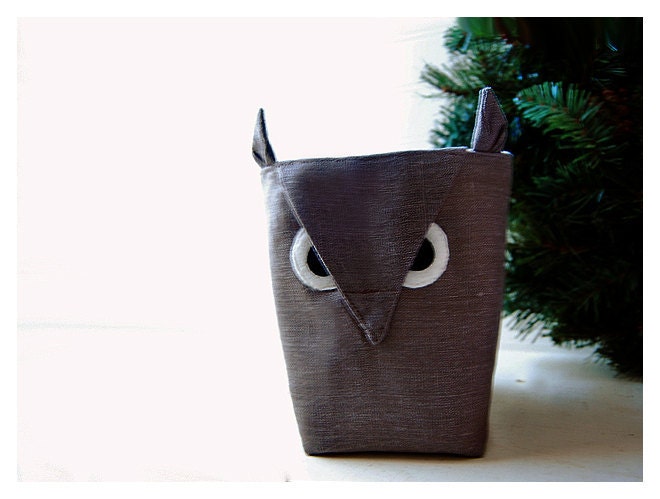 Linen Owl Box grey gray Fabric Organizer Bin Storage Basket Box Felt Recycled Chi Omega Handmade tagt team Gift Wrap