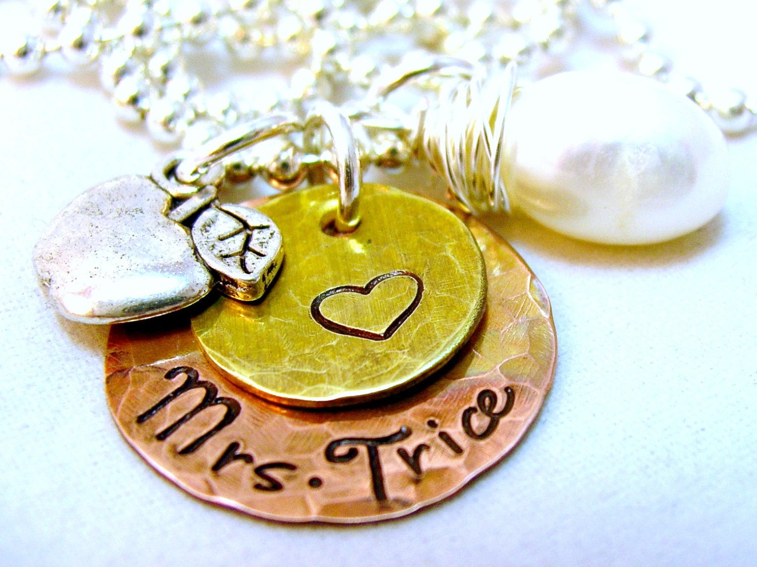 Teacher Gift Teacher Apple Hand Stamped Personalized Necklace Monogram Techer Necklace