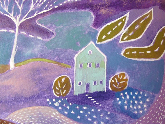 Blue House on Purple Landscape - Original Gouache Painting - Purple and Blue- Design Art