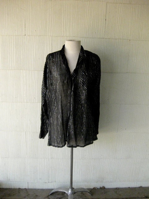 VINTAGE Indian shirt 70s gauze stripe lurex black