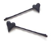Bobby Pins Black Miniature Heart Hairpins Set of Two Hand Sculpted Handmade Goth Spooky Creepy