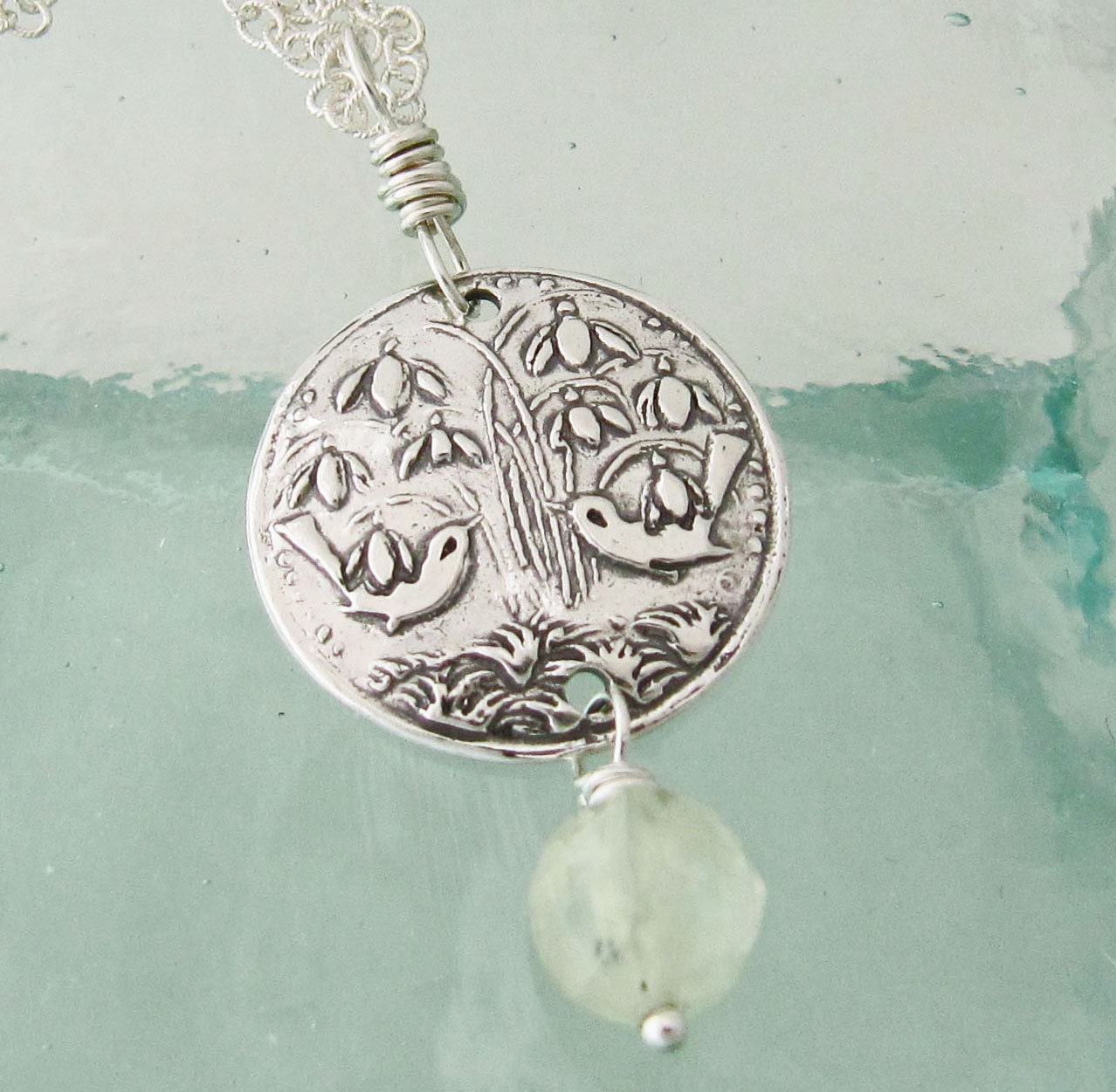 Fine Silver Dewdrops and Birds Necklace with Prehnite