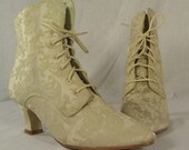 Brocade Fabric Granny Boots, Light Tan, Size 8.5