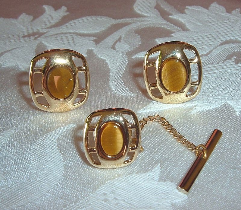 Vintage Tiger Eye Cuff Links and Tie Tack 3 Piece Set