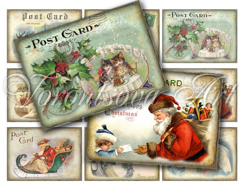 Santa Claus Merry Christmas Card. old postcard. Digital Collage Sheet. Printable Image Aceo download. Notecard, gift tag, background. ng03