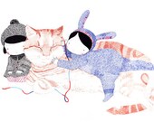 Red Cat and babies - Kids Illustration -  Let the children play