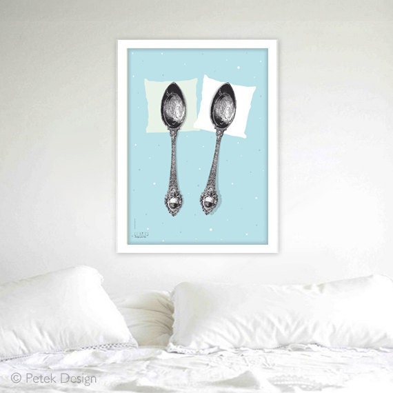 Wedding Present on SALE Poster: Spooning Print 30x20, 50x70 cm Pastel Blue. romantic gift. Fits into IKEA frame, NEW Version - petekdesign