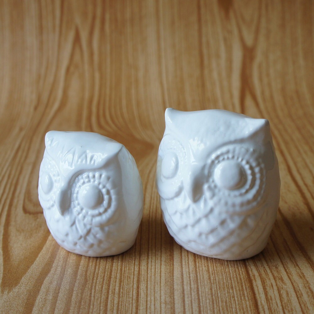 White ceramic owl pair set of two 2 ornament lot. - pirdy