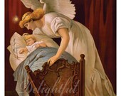 Guardian Angel Whispers To Baby in Cradle Vintage 5 x 7 Restored Reproduction Print