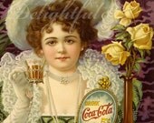 Drink Coca Cola Victorian Lady with Yellow Roses Restored Reproduction Vntage Print 8 x 10