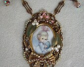 Baby Angel With Bunny Ears Cameo Pendant Necklace NEW Signed By Caroline Erbsland