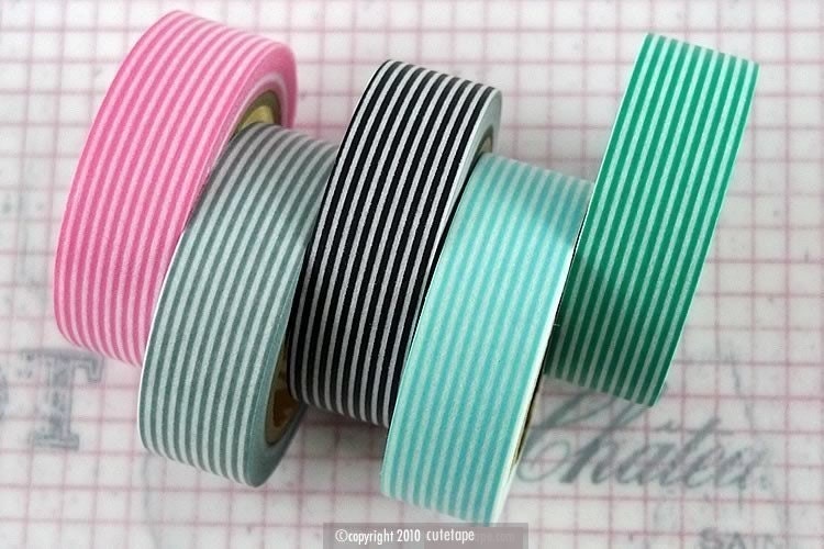 Japanese Washi Tape - All Stripes Horizontal Lines Set of 5 Pink, Grey, Black, Blue, Turquoise