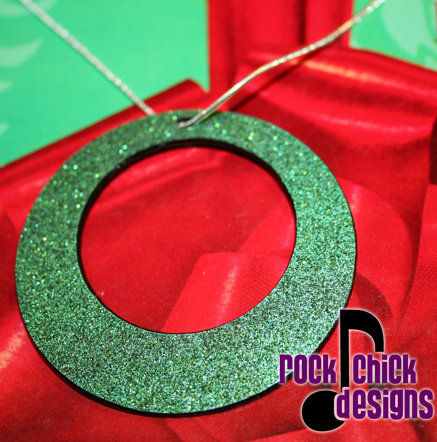 Green glitter Vinyl Record necklace -- large