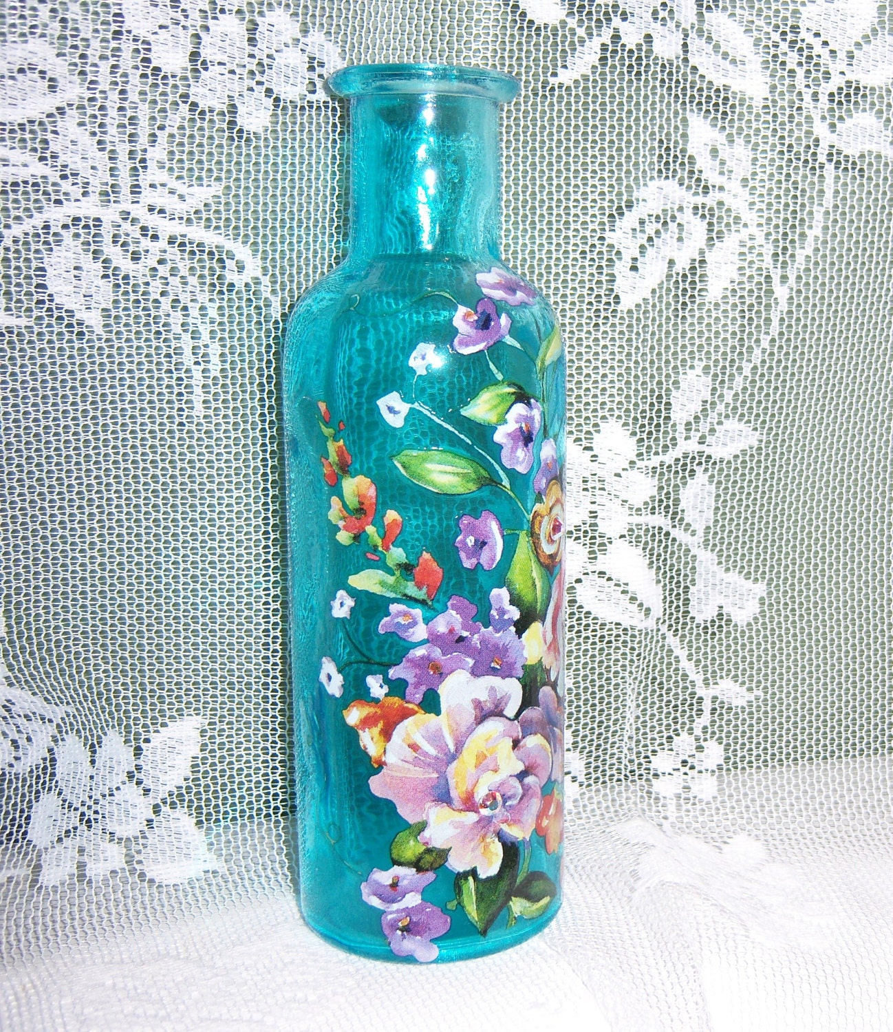Aqua glass bud vase - multi colored floral with iridescent swarovski crystals