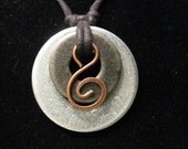 urban artifact necklace with copper curl, gunmetal gray washer, shiny washer