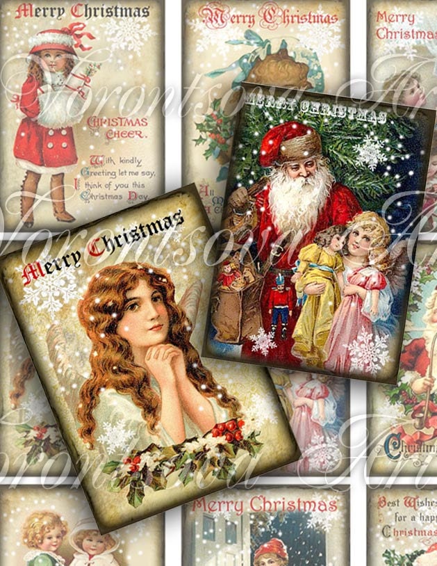 Merry Christmas Card Santa Claus Angel Vintage Children. Digital Collage Sheet. Printable Image Aceo download. Notecard, gift tag. ng908