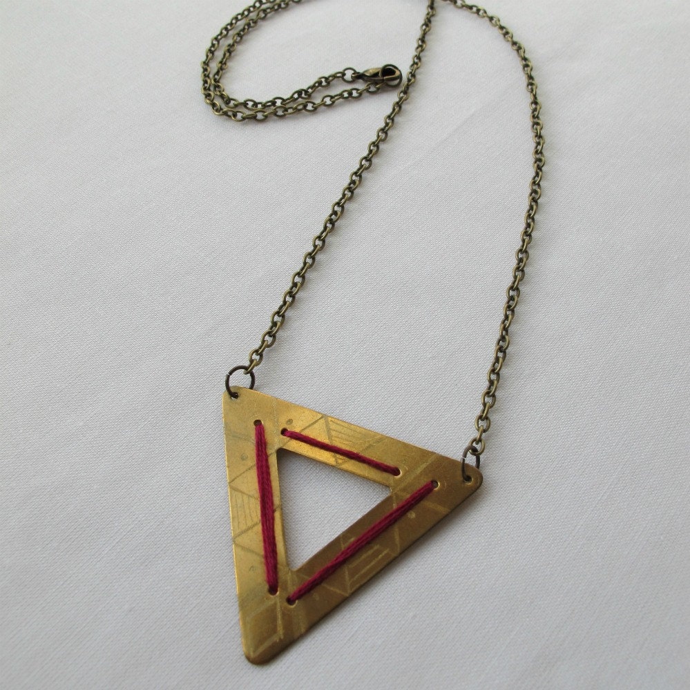 brass embroidered triangle necklace