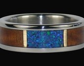 Blue Synthetic Peacock Opal Titanium Ring with Hawaiian Koa Wood and 14k Gold