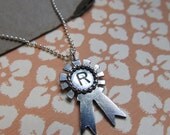 Vintage Award Ribbon Monogrammed Initial Necklace - Cog - sterling silver, custom monogram