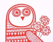 Red Retro Owl with love screen print by Jane Foster