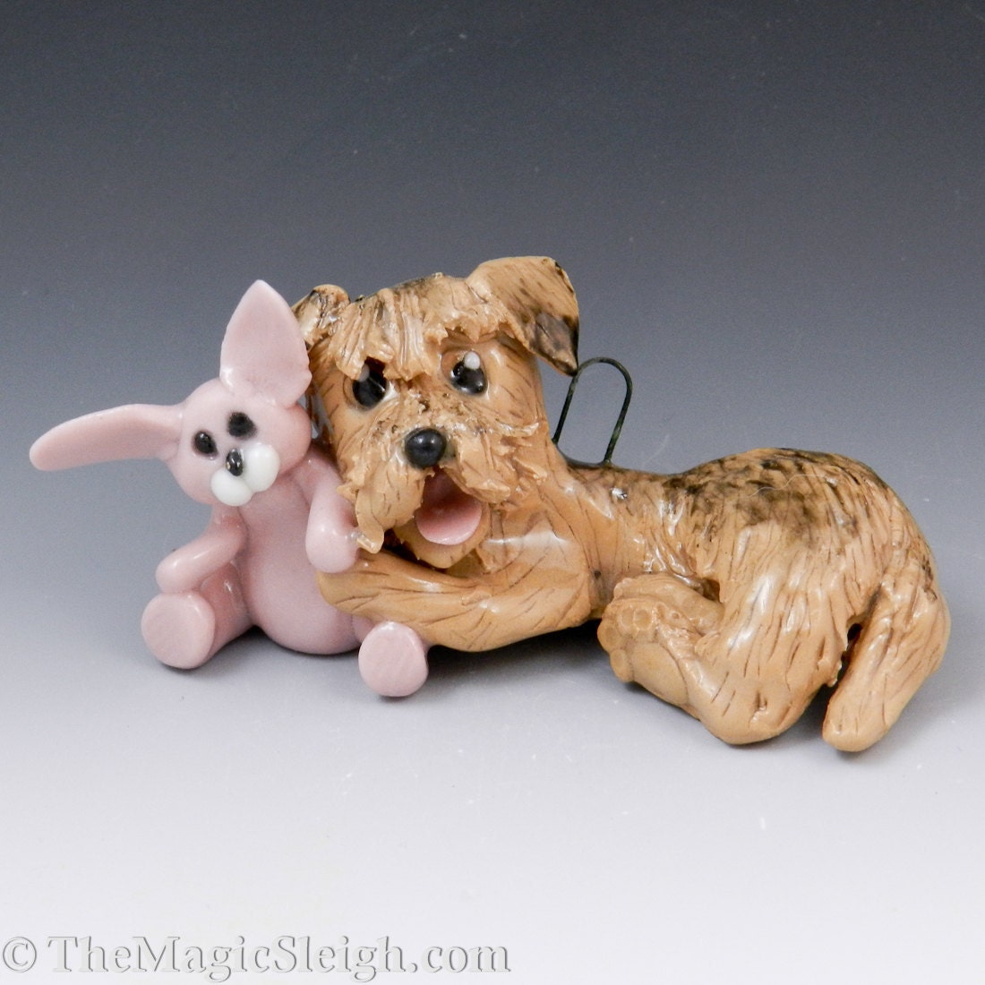 Border Terrier Ornament with Rabbit Toy Porcelain
