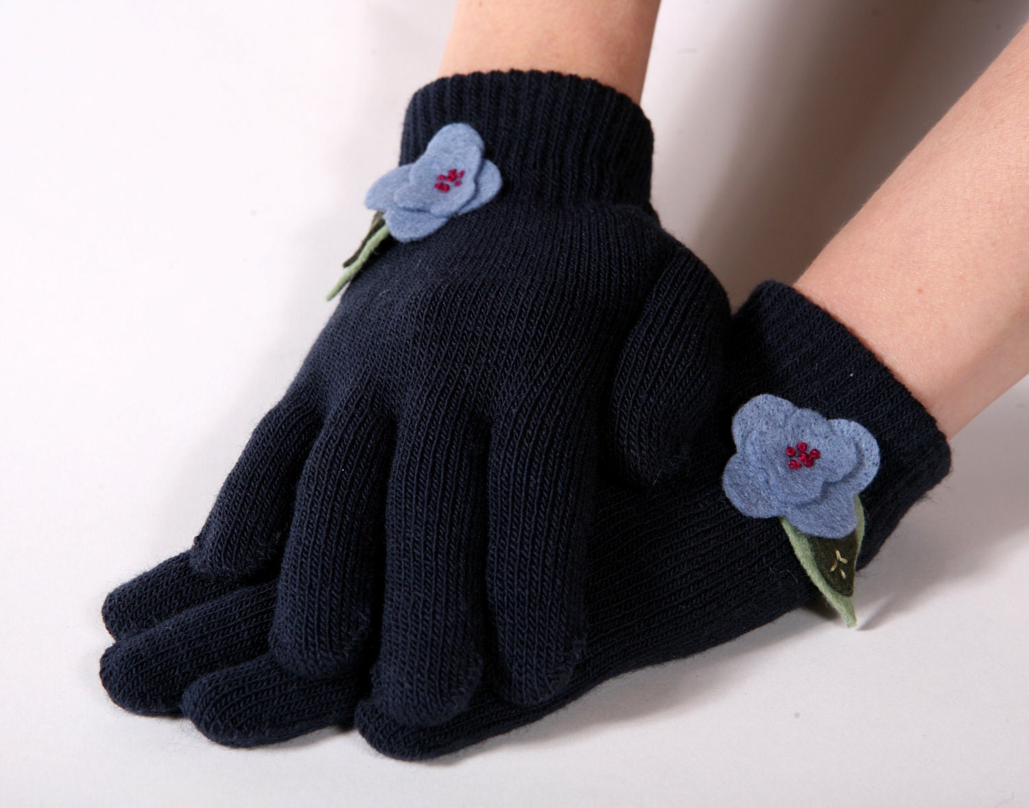 Womens Gloves w/ Hand-Sewn Wool Felt Flowers - Navy w/ Cornflower Blue (Other Colors Available) Great Gift
