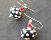 lampwork earrings black with white polka dot glass beads-  dotty