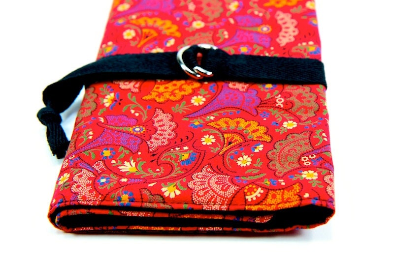 SHORT dpn or circular Knitting Needle Organizer Case - Japanese Fans - 24 black pockets
