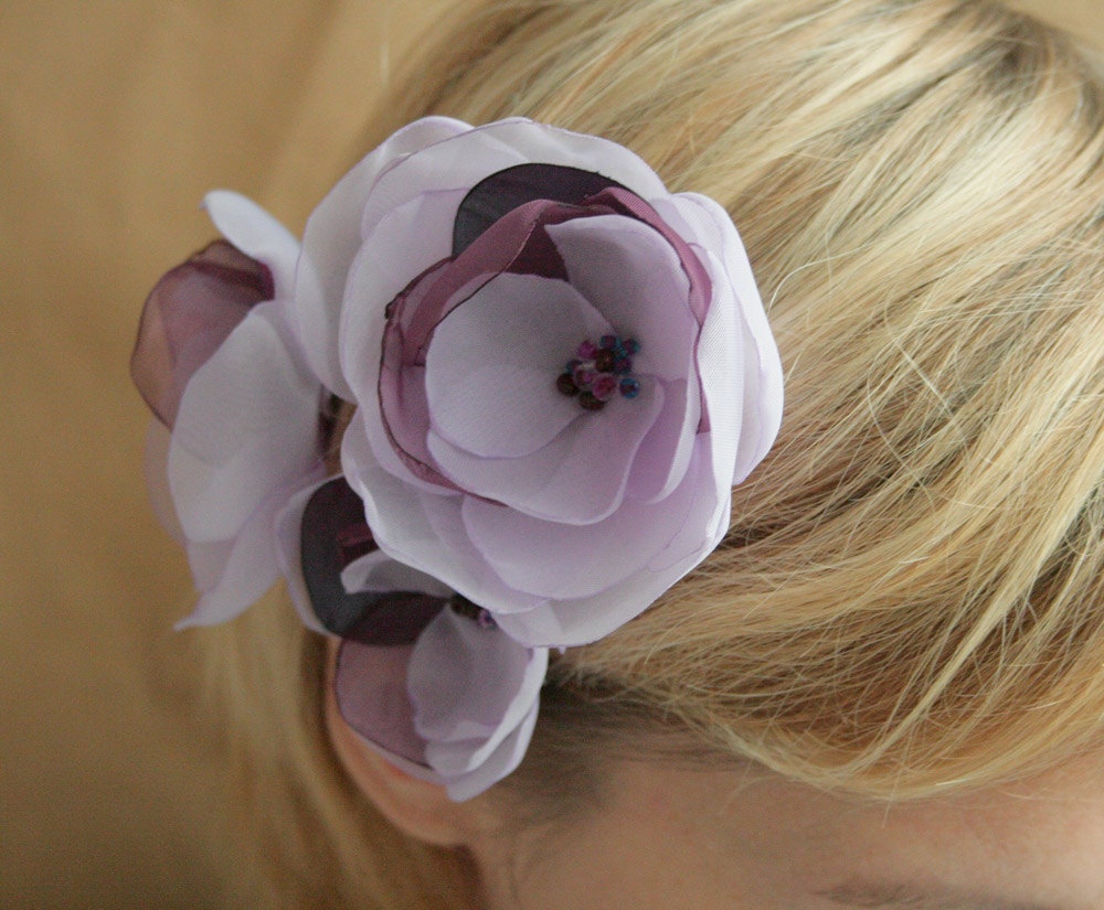 3 lilac/purple  flowers for Bride, bridesmaids and flower girls---head piece, bobby pins