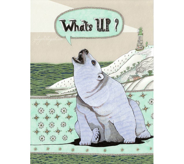 What's Up Bear - print illustration drawing polar animal north pole white winter snow snowflake ice romantic home decor love gift for her