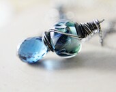 London Blue Topaz Necklace Lampwork Glass Wire Wrapped Sterling Silver Gemstone Fashion